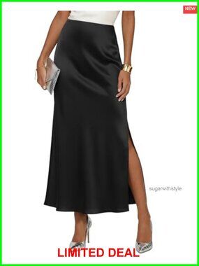 High Waisted Satin Maxi Skirt Side Split Long Flowy A-Line